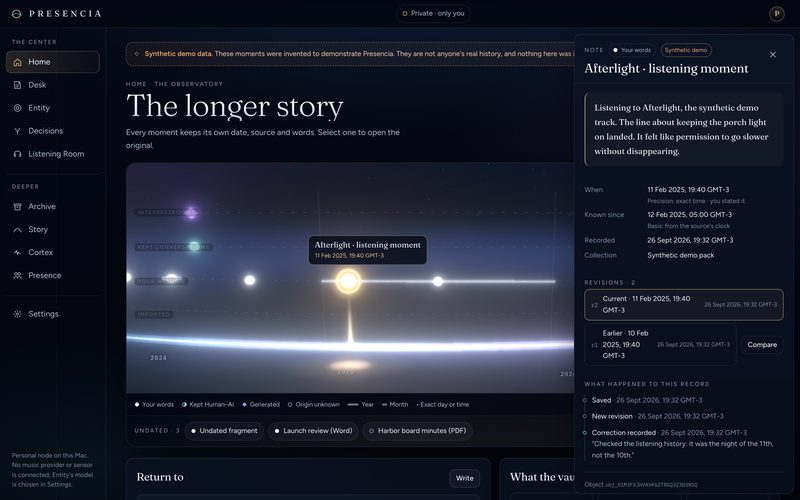 Presencia's Home on a Mac: the time spine of moments with one note selected, and the source inspector open beside it. The note, “Afterlight · listening moment”, is marked Your words and Synthetic demo, with when it happened, when it became known, when it was recorded, its two revisions and the correction that was recorded.